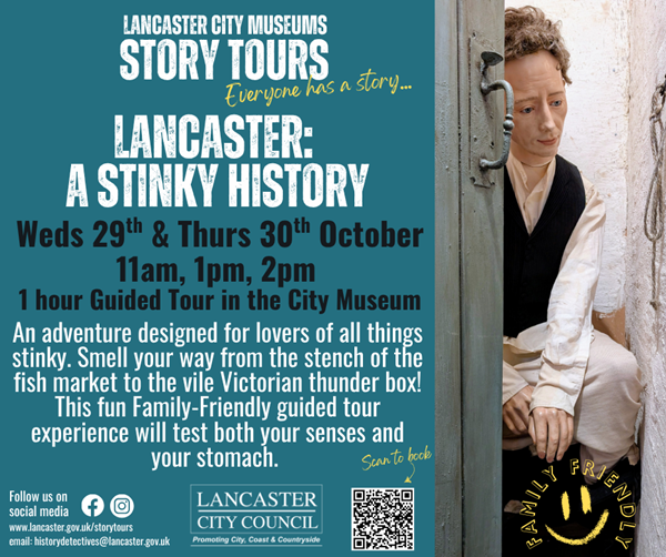 Graphic with same info as this page and a photo of mannequin at the City Museum, representing a man sitting on an outdoor toilet. He has his trousers round his ankles and appears to have run out of paper.
